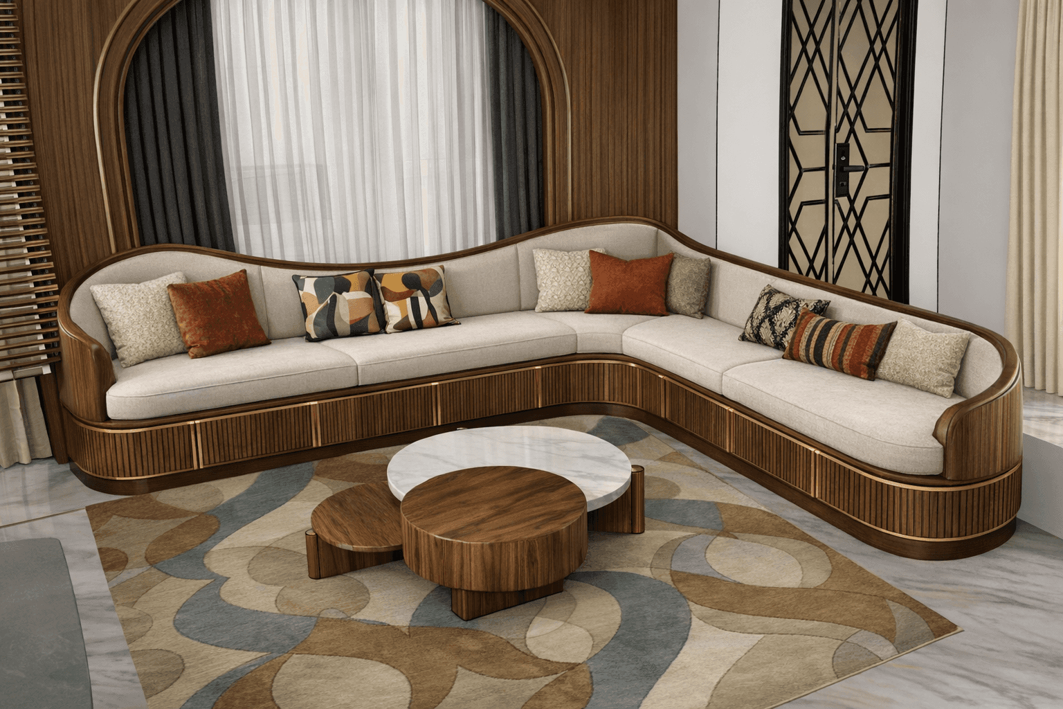 A modern, L-shaped sectional sofa with a curved silhouette. The sofa features a light-colored uphols… — 3D model