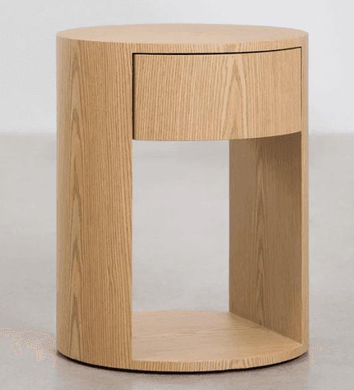 A cylindrical nightstand made of light-colored ash wood, featuring a single drawer and an open stora… — 3D model