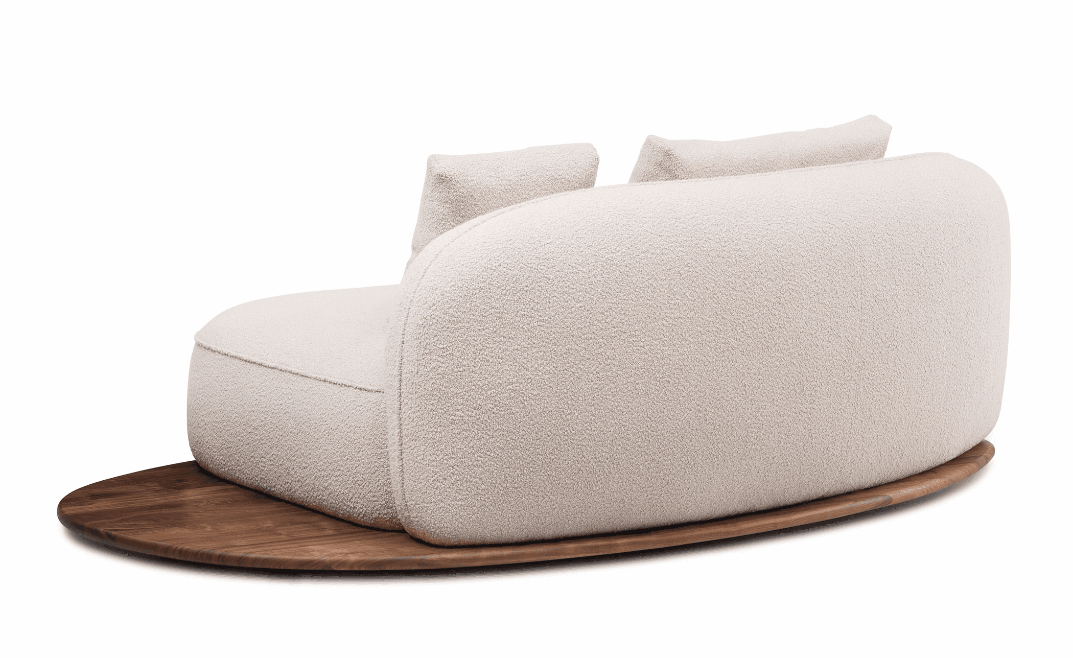 A modern, curved sofa with a plush, textured upholstery and a distinct wooden base. The sofa feature… — free GLTF 3D model