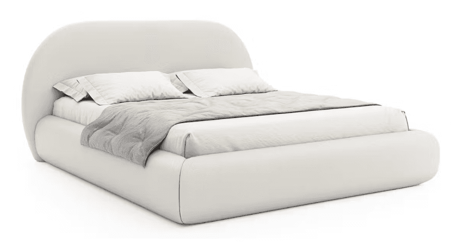 A modern, fully upholstered bed featuring a plush, rounded headboard that curves inwards towards the… — 3D model
