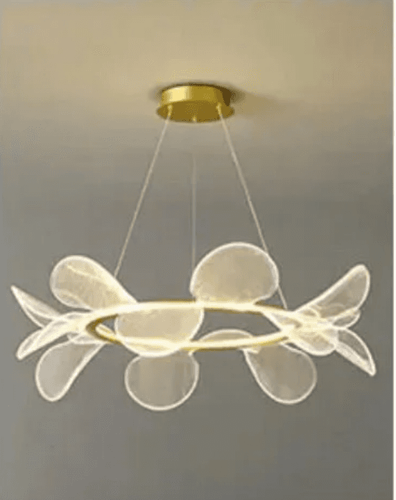 A modern chandelier featuring a circular gold frame from which several translucent white petal-shape… — 3D model