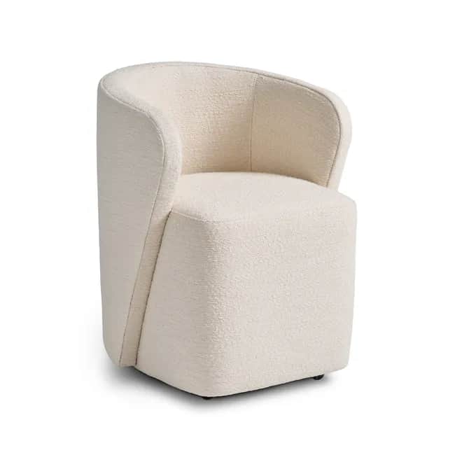A contemporary barrel-shaped armchair, fully upholstered in a textured off-white boucle fabric, feat… — free GLTF 3D model