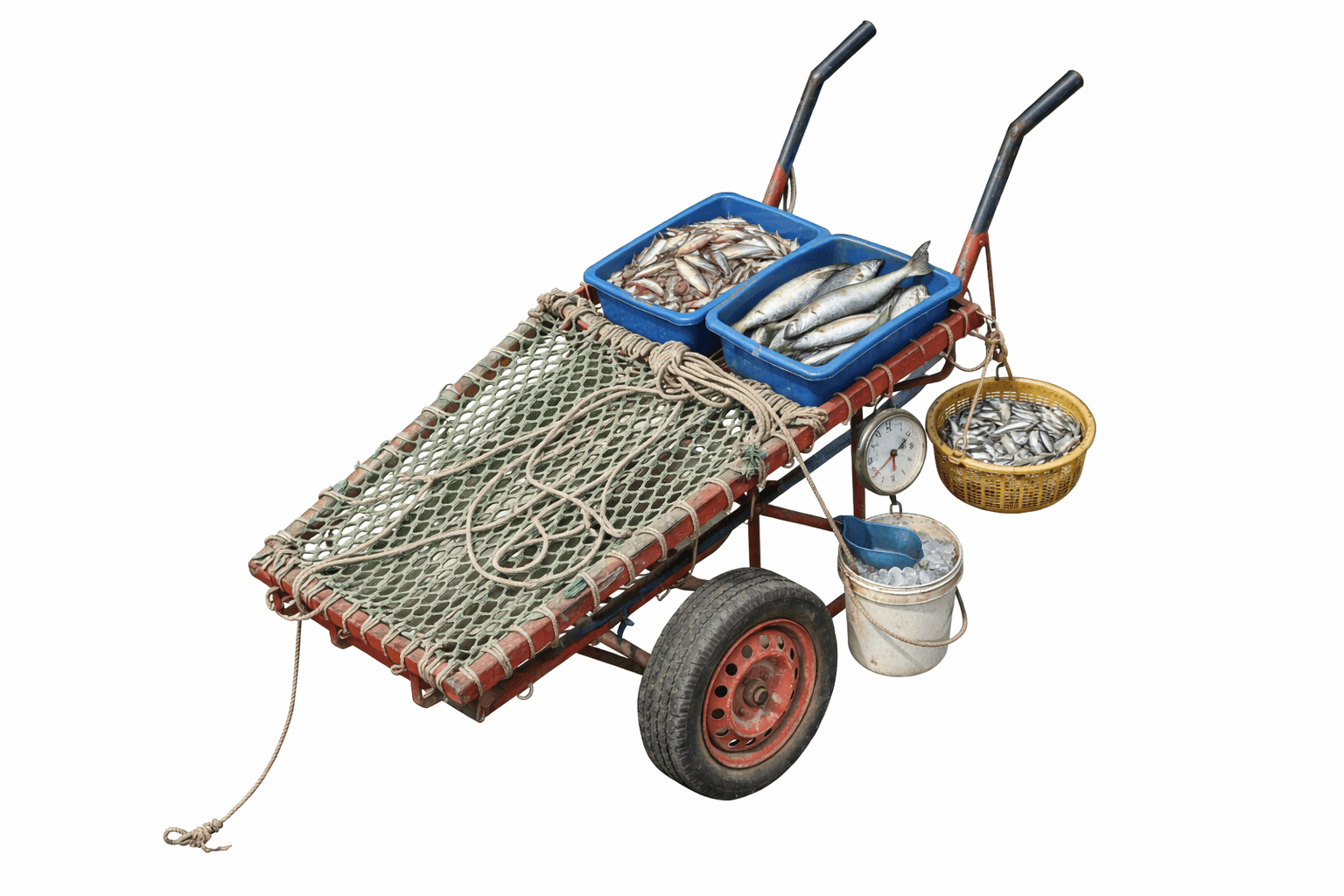 A two-wheeled hand cart, likely used by a fisherman or fishmonger, loaded with various items includi… — 3D model