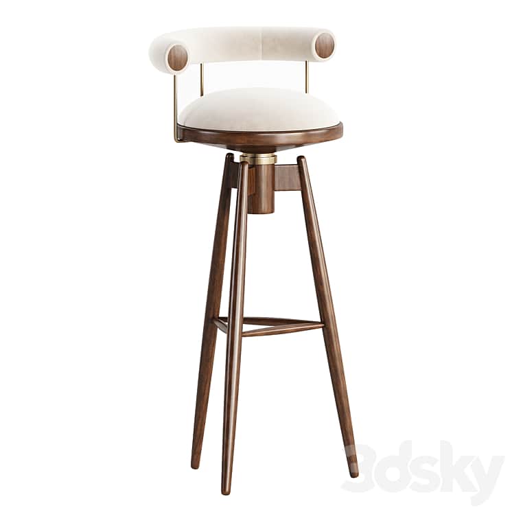 A tall, backrest-equipped swivel bar stool featuring a dark walnut wooden frame, a padded circular s… — 3D model