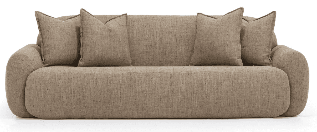 A three-seater sofa with rounded arms and a streamlined base. It features a textured, woven upholste… — 3D model