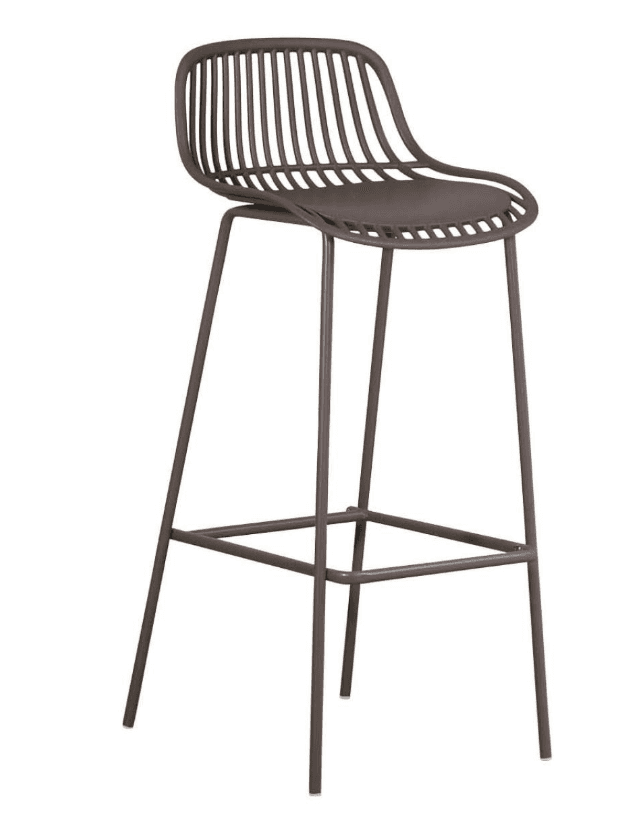 A contemporary bar stool featuring a slatted backrest and seat, constructed from a uniform dark taup… — 3D model