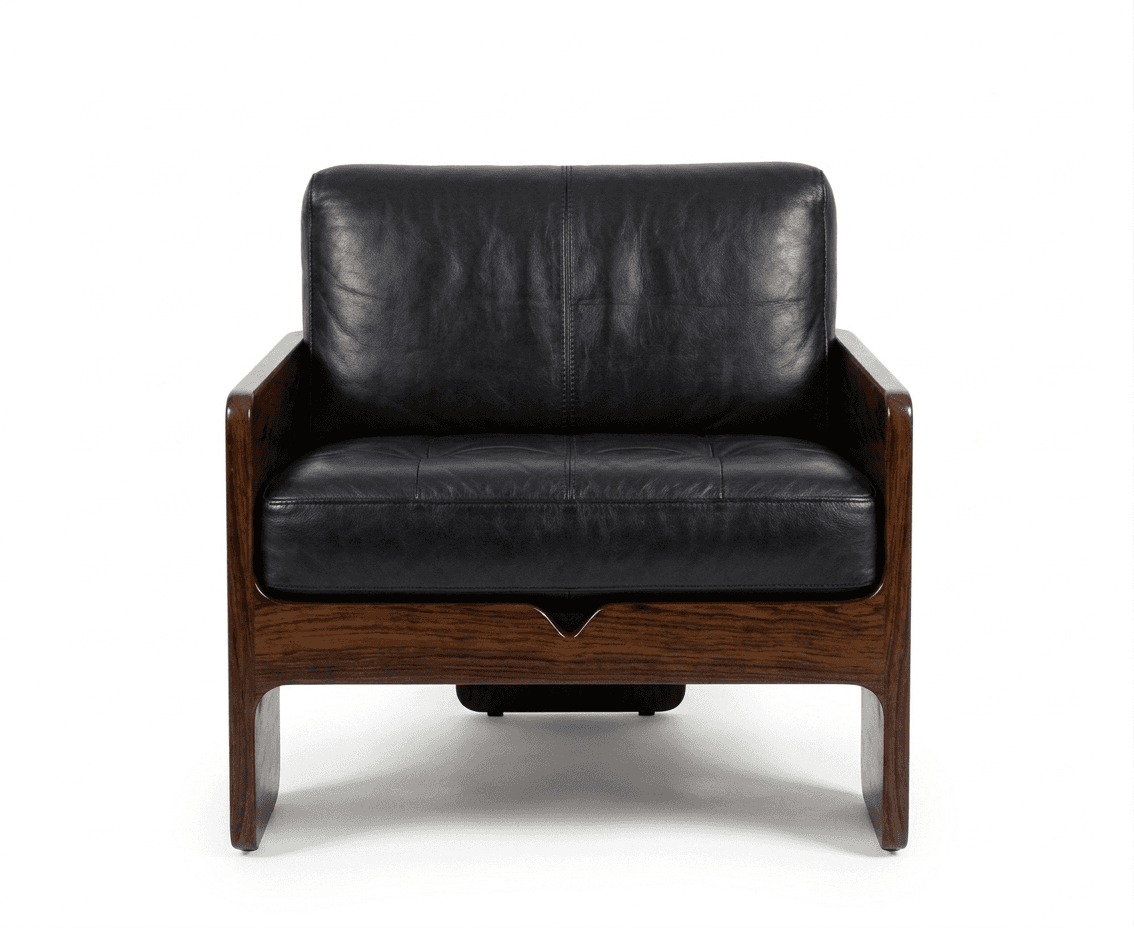 A Mid-Century Modern style armchair featuring a solid, dark wood frame and plush black leather uphol… — 3D model