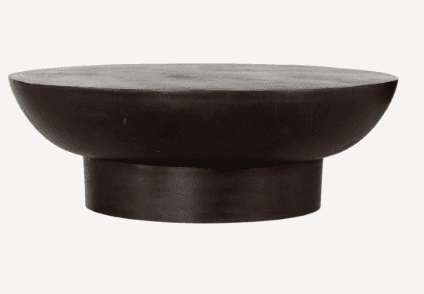 A low, dark, round coffee table featuring a broad, flat top surface atop a smooth, bowl-shaped body,… — 3D model