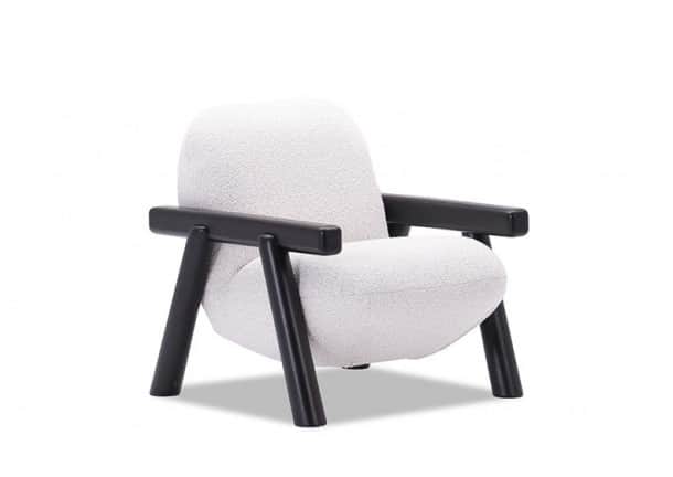 A contemporary lounge chair featuring a plush, light-colored bouclé upholstery and a contrasting exp… — free OBJ 3D model