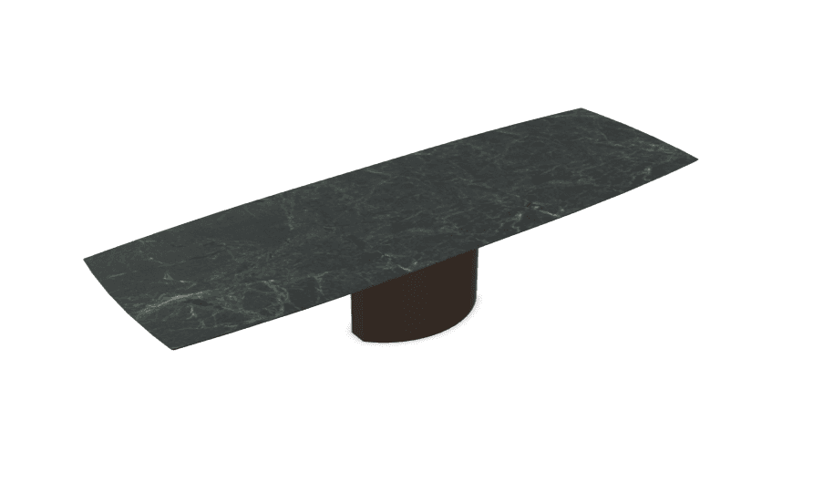 A rectangular-oval table featuring a dark green marble top with white veining, supported by a single… — 3D model