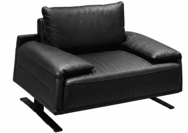 A modern black leather lounge chair featuring plush, generously padded cushions for the seat, back,… — 3D model