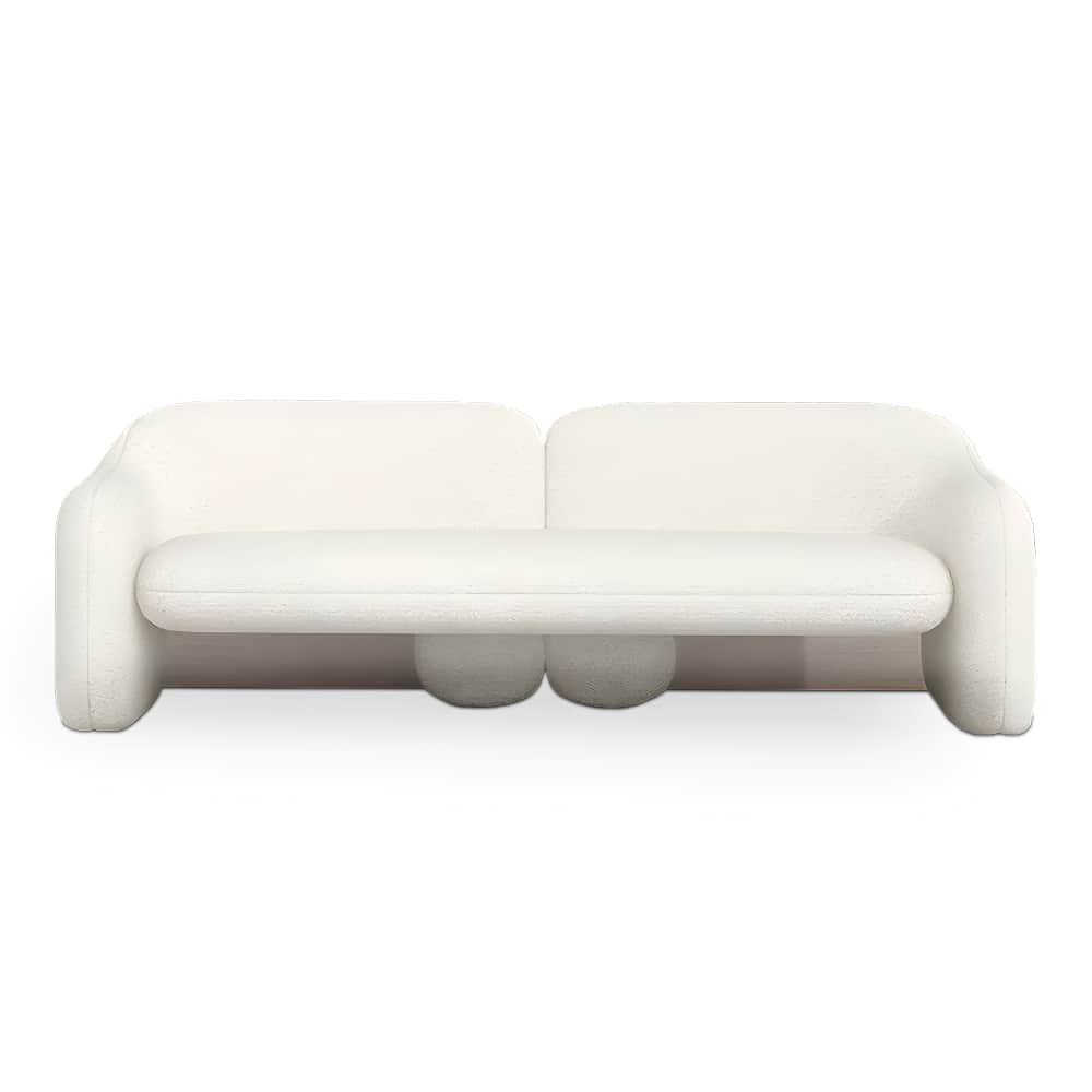 A contemporary two-seater sofa characterized by its soft, rounded silhouette and luxurious cream-col… — free GLTF 3D model