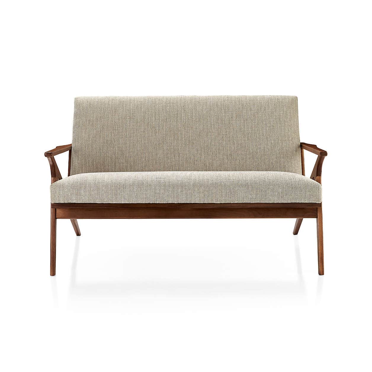 A two-seater loveseat with a visible dark wood frame and light-colored fabric upholstery. The design… — 3D model