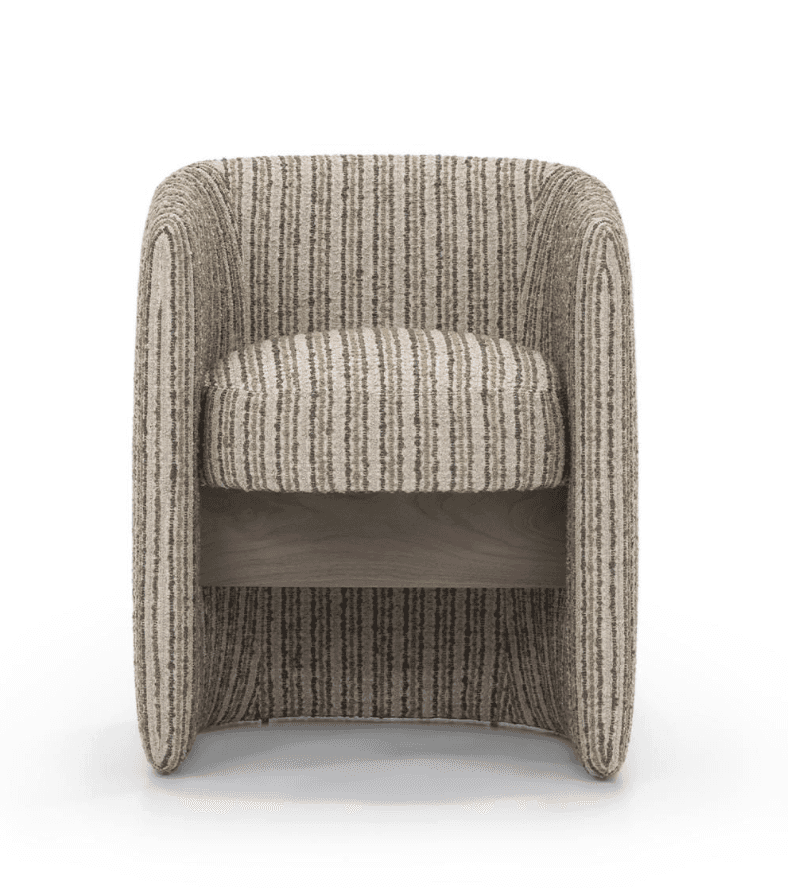 A modern armchair with a rounded silhouette, upholstered in a textured fabric with vertical stripes.… — free OBJ 3D model