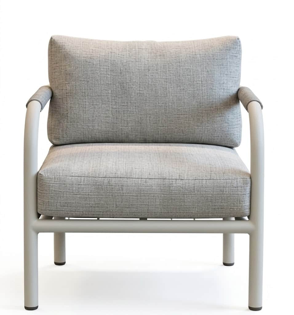 A contemporary single-seater lounge chair designed for outdoor use, featuring a light grey powder-co… — free SKP 3D model