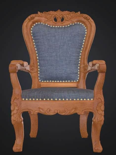 An ornate armchair featuring a carved wooden frame with intricate floral and scroll motifs, upholste… — free OBJ 3D model