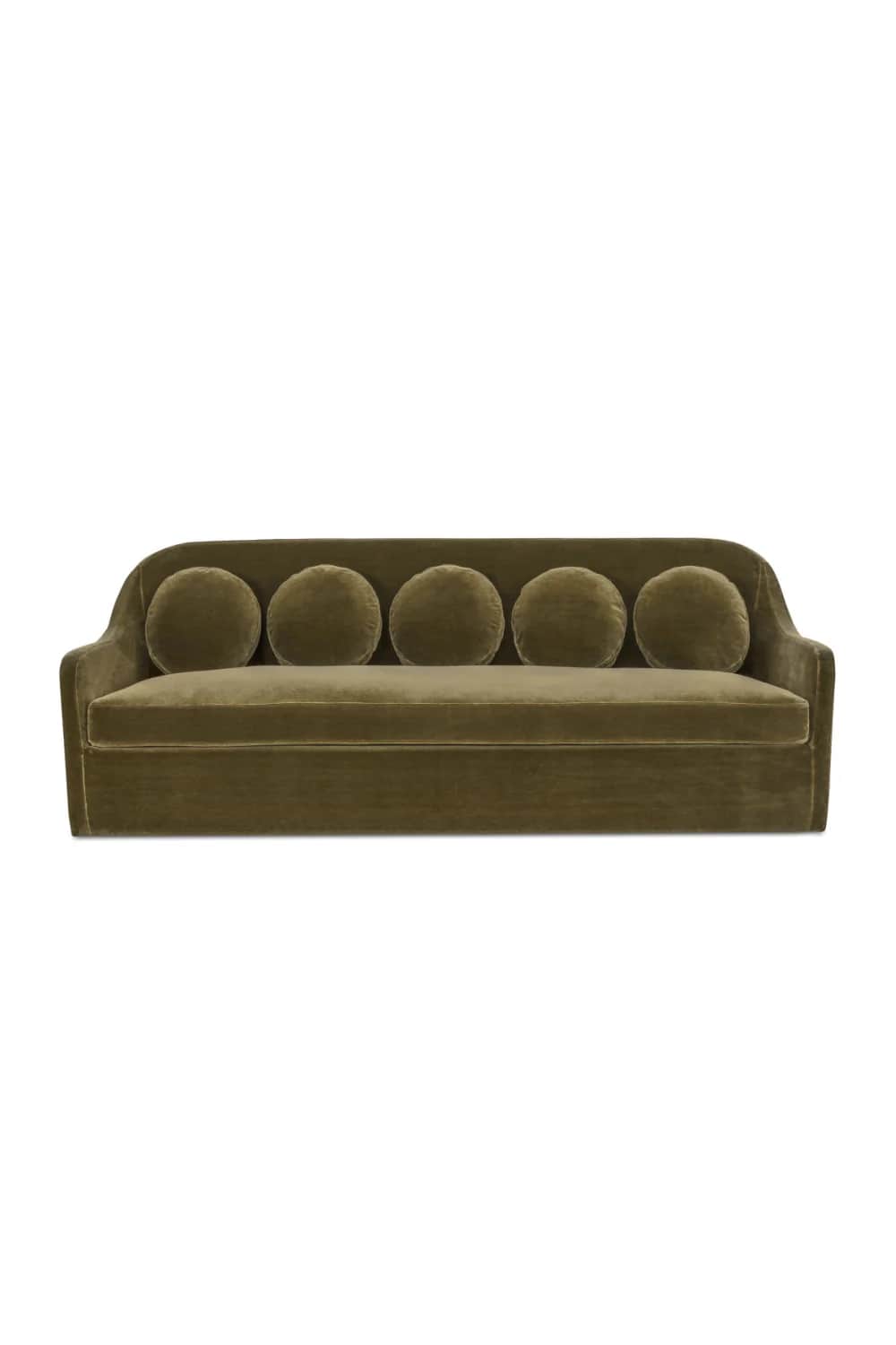 A contemporary velvet sofa featuring a low profile, integrated armrests that curve slightly upwards,… — 3D model