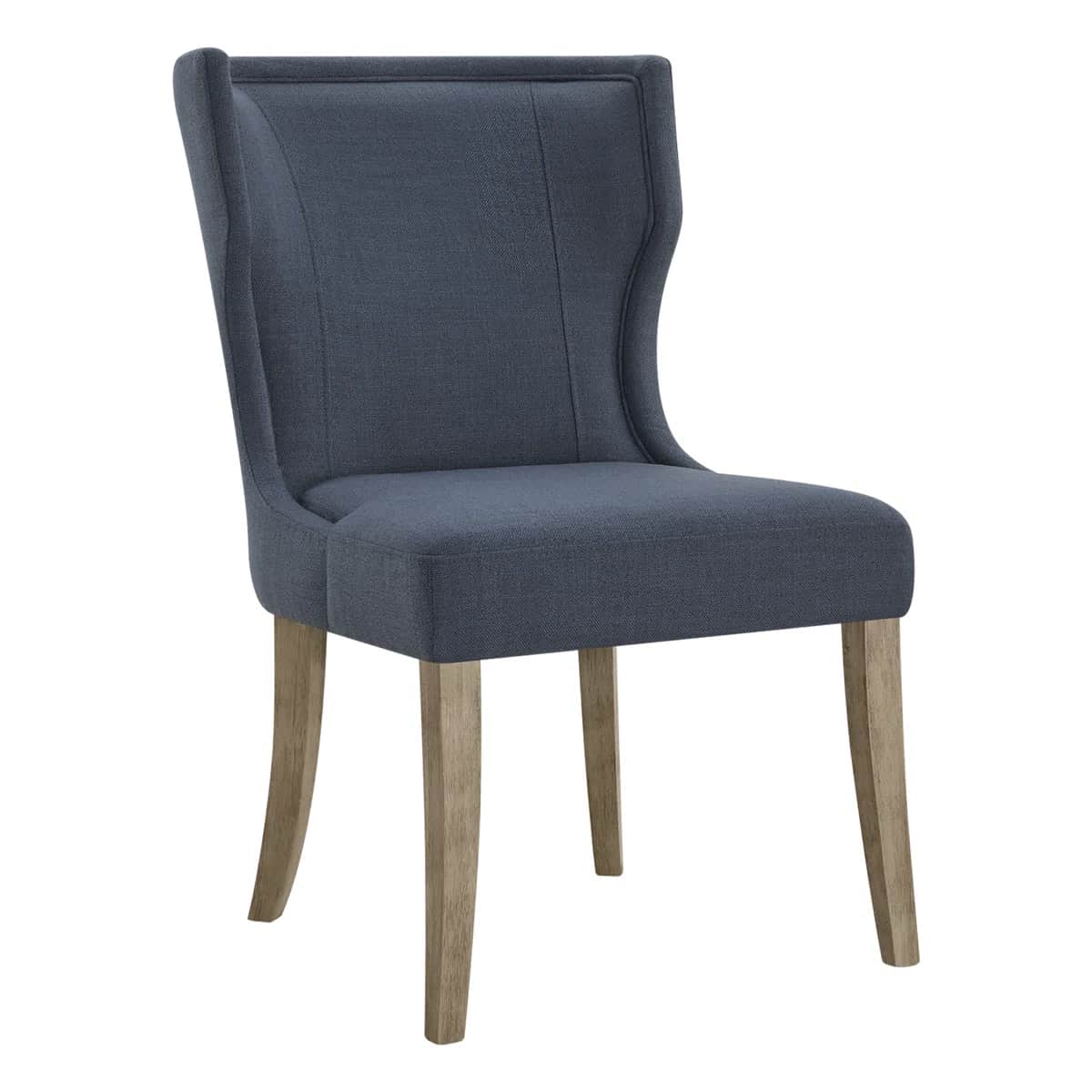 A contemporary upholstered dining chair featuring a high back, deep blue fabric upholstery, and four… — 3D model