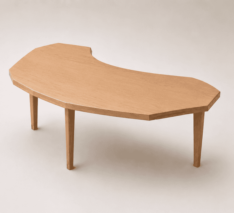A low, freeform or kidney-shaped coffee table crafted from light-toned oak wood. It features a table… — 3D model