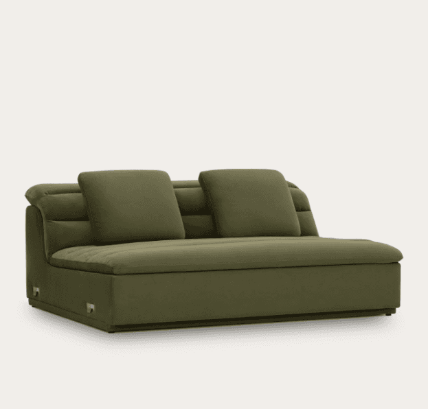 A contemporary olive green fabric chaise lounge sectional component with a channel-tufted backrest a… — 3D model