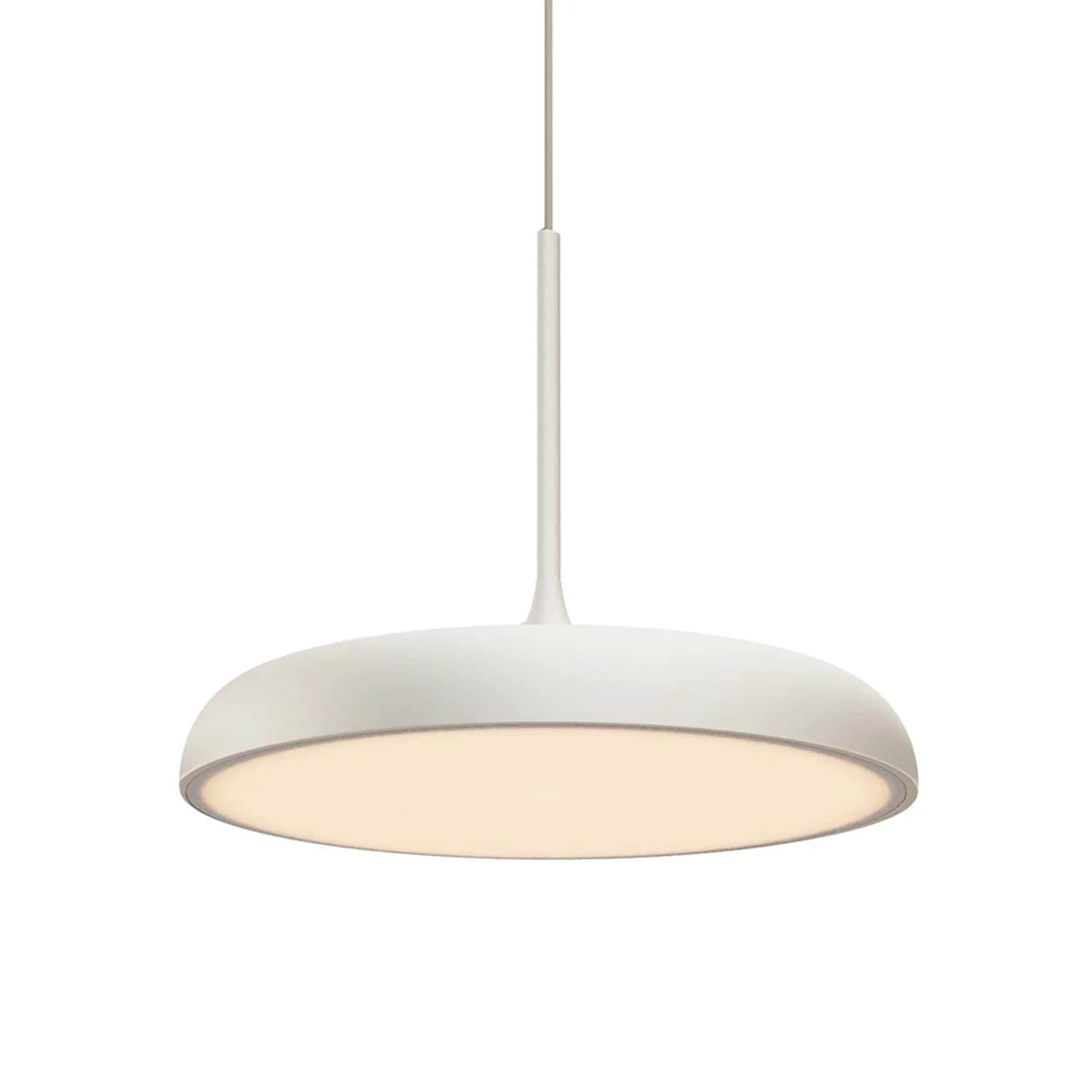 A modern, minimalist white disc-shaped pendant light suspended from a ceiling rod. It features an in… — 3D model