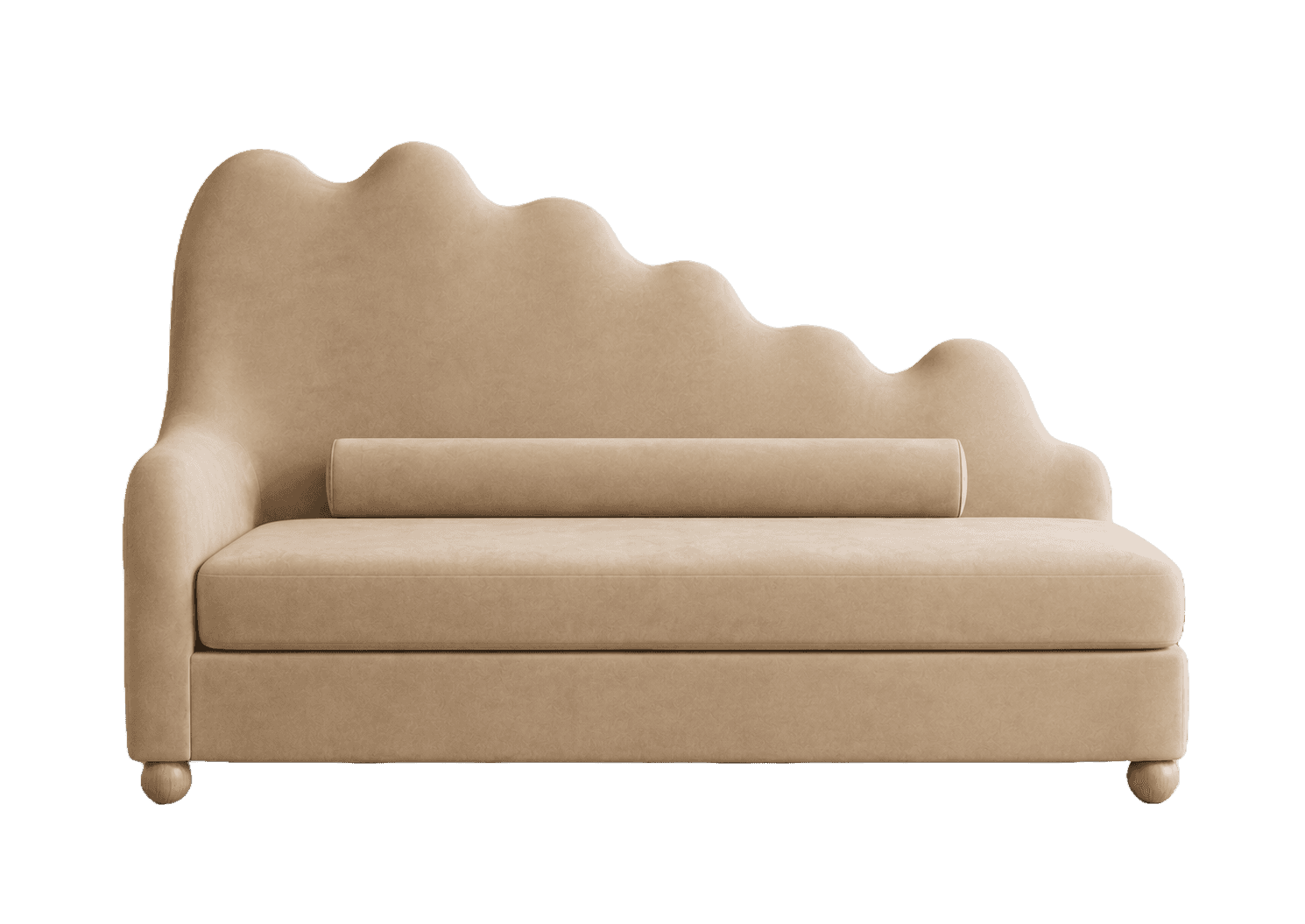 A modern upholstered chaise lounge featuring a distinctive wavy-shaped backrest, a single armrest on… — 3D model