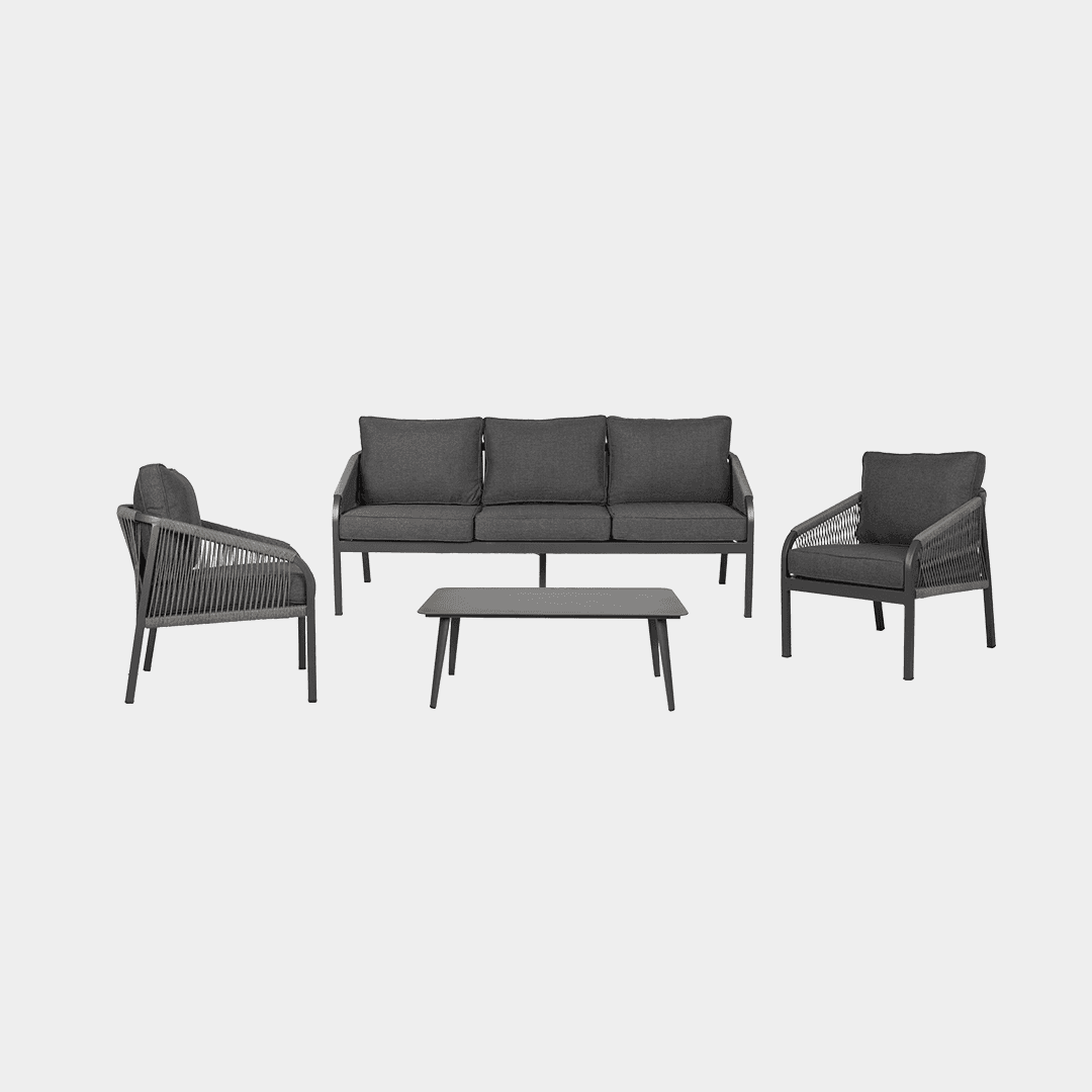 A modern outdoor three-seater sofa featuring a dark grey powder-coated metal frame and woven rope de… — free GLTF 3D model