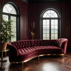 A luxurious curved sofa upholstered in deep burgundy velvet with extensive button tufting and elegan… — 3D model