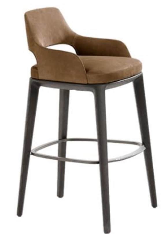 A contemporary bar stool featuring a brown upholstered seat and backrest with integrated open armres… — 3D model