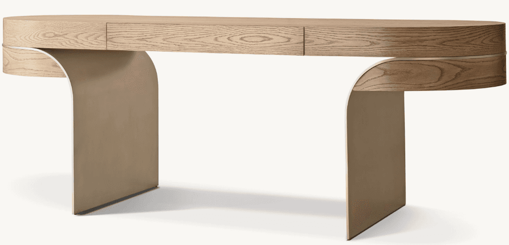 A modern, oval-shaped desk with a light wood veneer top and two integrated drawers. The desk feature… — 3D model