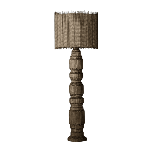A floor lamp with a drum-shaped lampshade and a carved, segmented pedestal base. The lampshade and t… — free OBJ 3D model