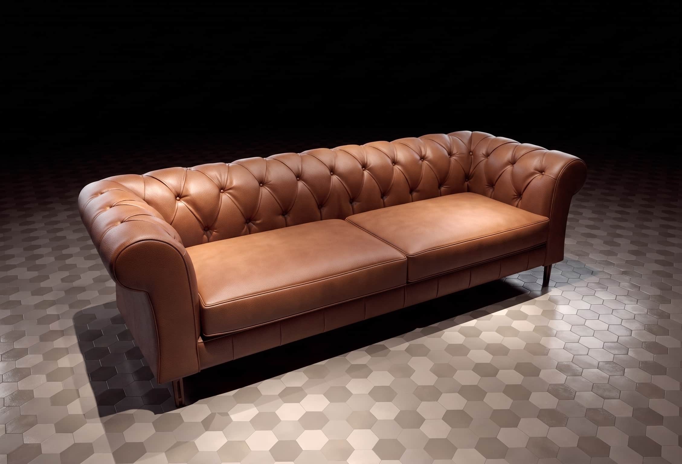 Brown leather Chesterfield style sofa with deep button tufting on the backrest and rolled arms, feat… — free GLTF 3D model