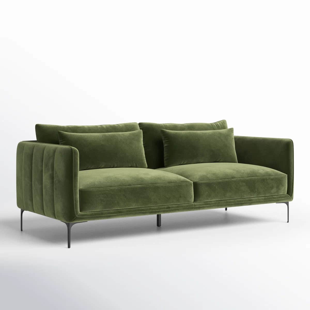 A modern, two-seater sofa upholstered in a textured green fabric, likely velvet. It features a strea… — free GLTF 3D model