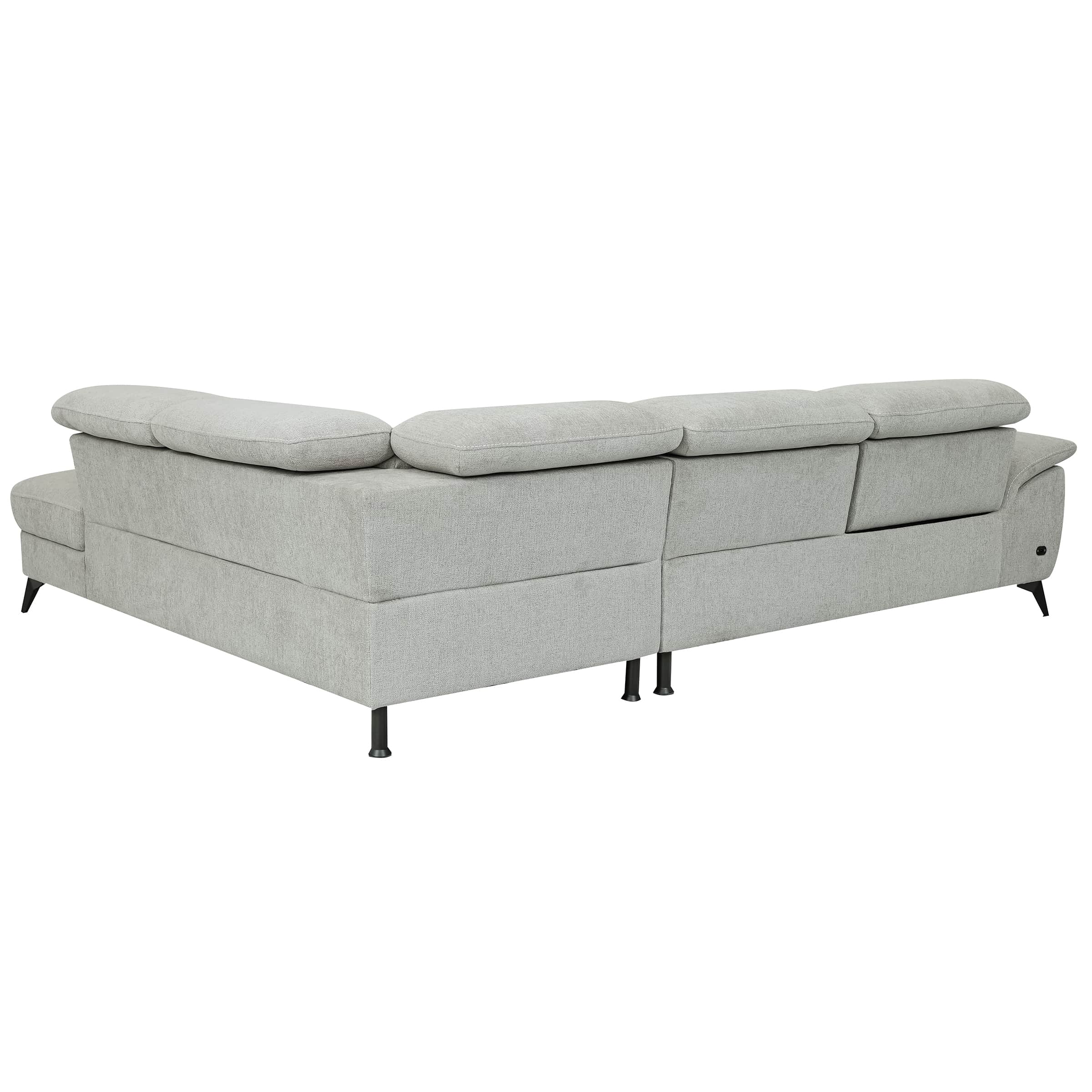 An L-shaped sectional sofa upholstered in light grey fabric, featuring multiple plush cushions, indi… — 3D model