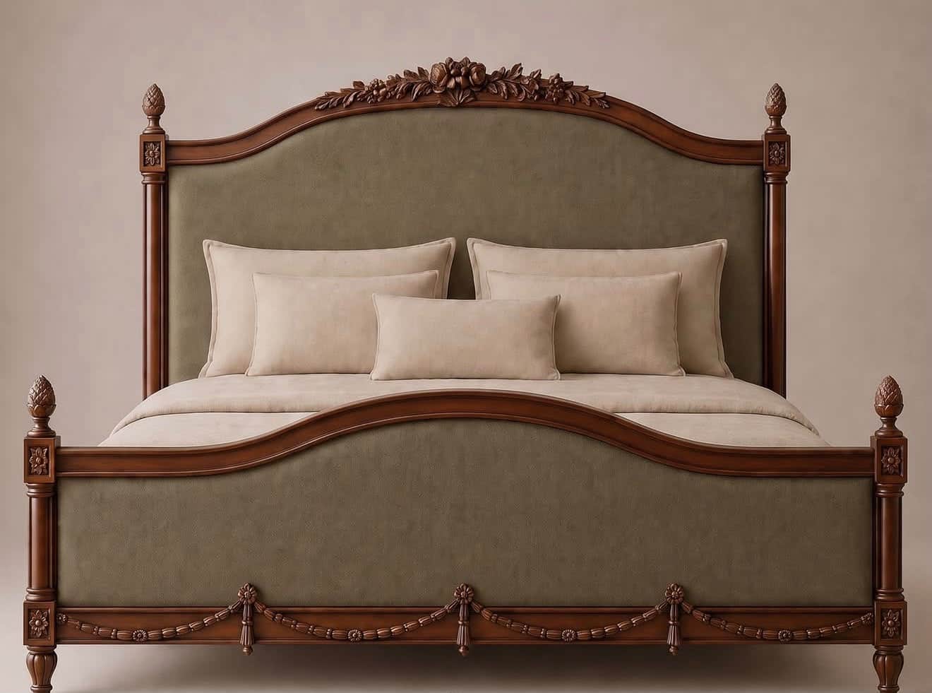 A full view of an ornate, traditional bed featuring a dark-stained carved wooden frame and olive-gre… — free GLTF 3D model