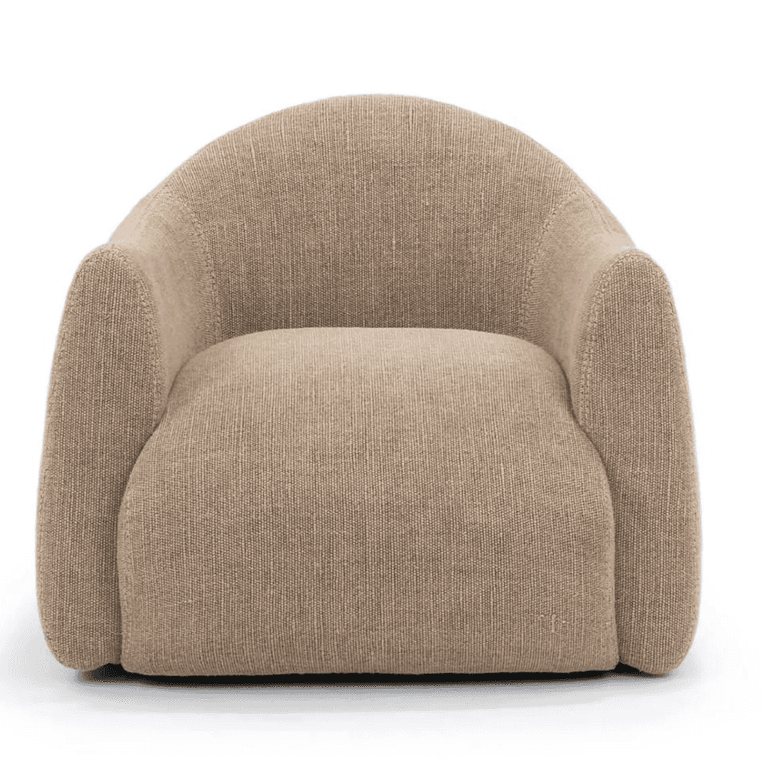 A compact accent chair with a rounded, high back that curves down to form armrests. The seat is wide… — free OBJ 3D model
