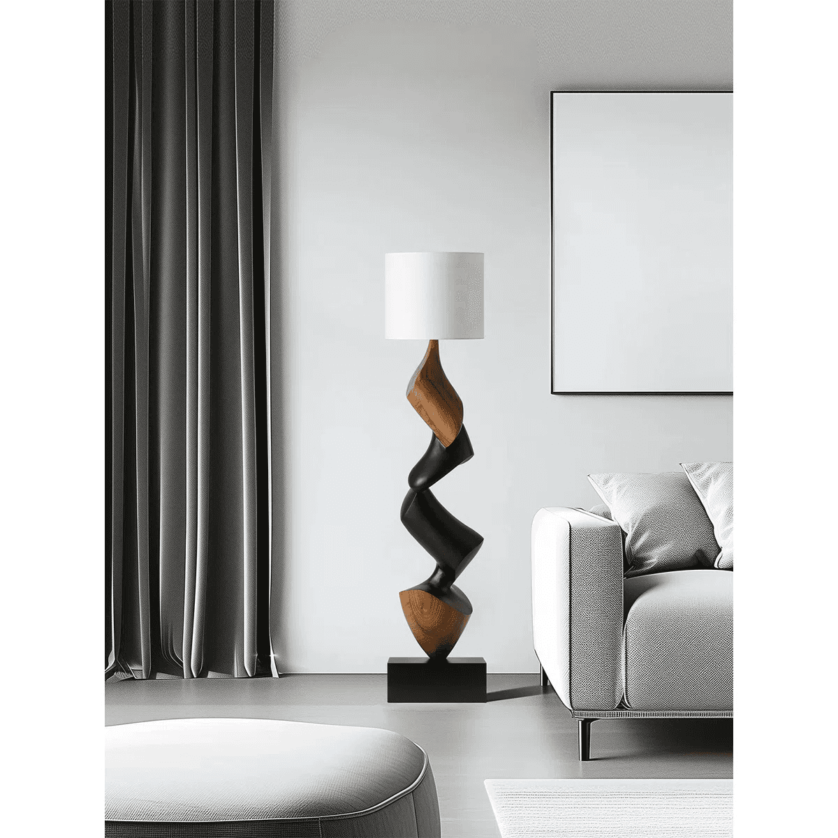 A modern floor lamp featuring a sculptural, twisted base constructed from alternating sections of na… — 3D model
