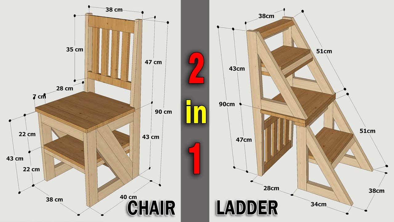 A light-toned, solid wood convertible step stool that transforms into a chair. The item features thr… — 3D model
