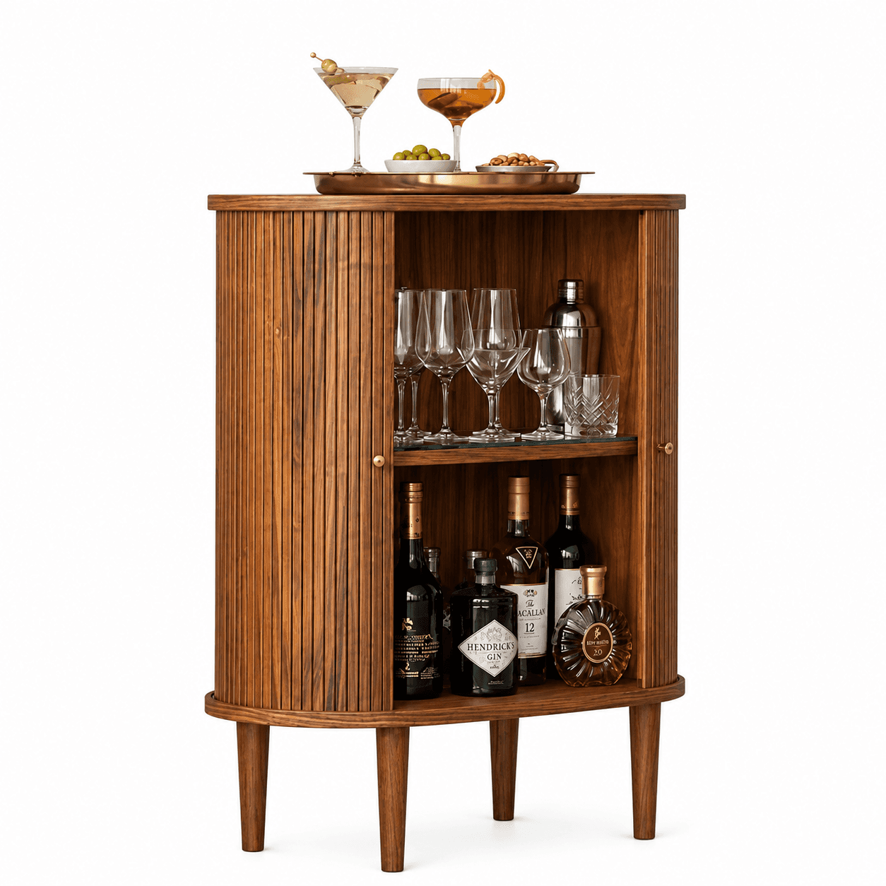 An oval-shaped bar cabinet crafted from dark wood, featuring reeded (fluted) tambour-style sliding d… — 3D model