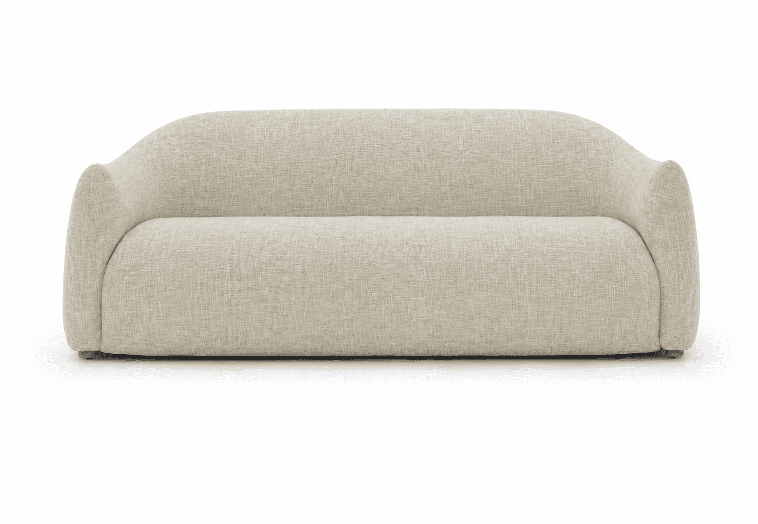 A modern, armless sofa with a distinctive curved silhouette, upholstered in a light beige, textured… — 3D model