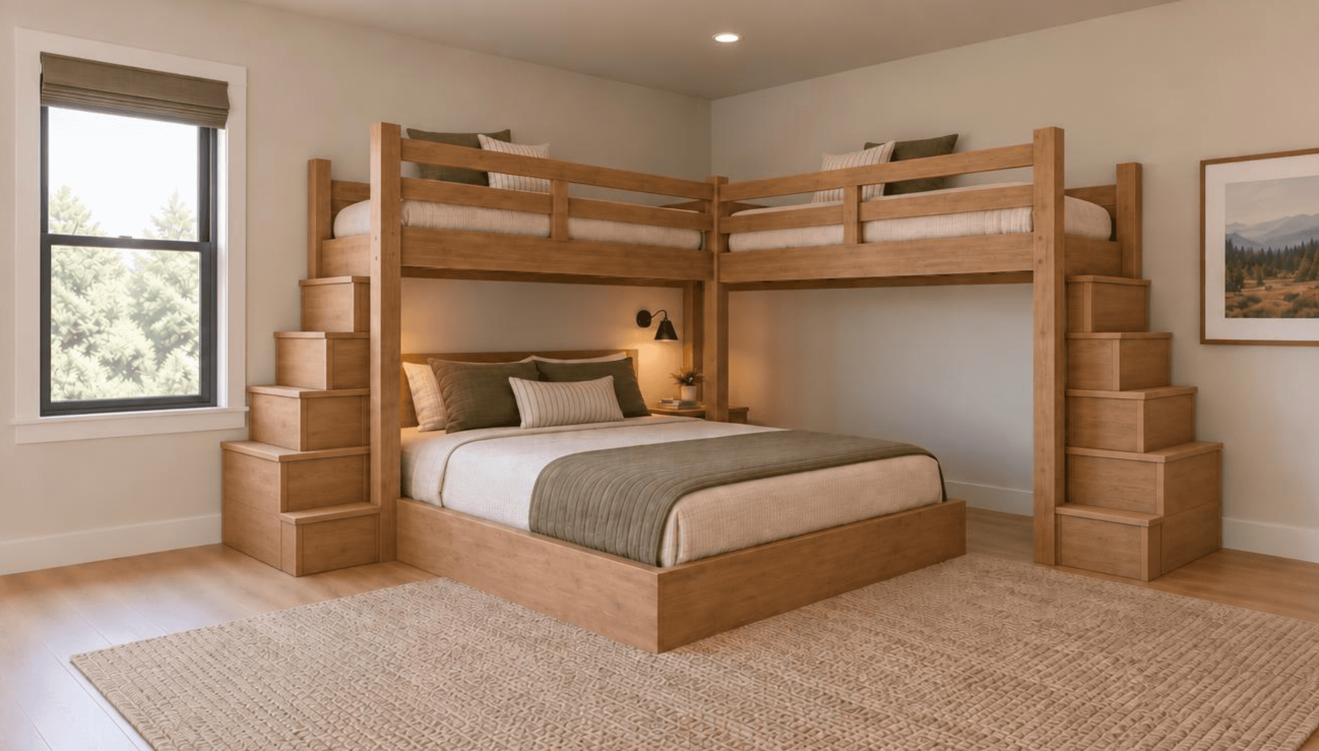 A comprehensive bed system featuring a lower platform bed, two elevated bunk beds arranged in an L-s… — 3D model