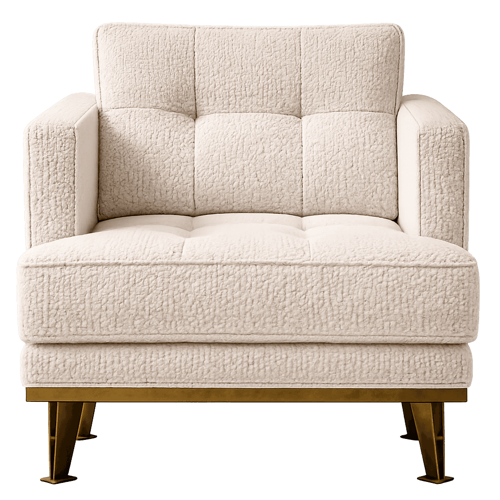 A modern armchair upholstered in plush ivory bouclé fabric, featuring square arms, a tufted back cus… — 3D model