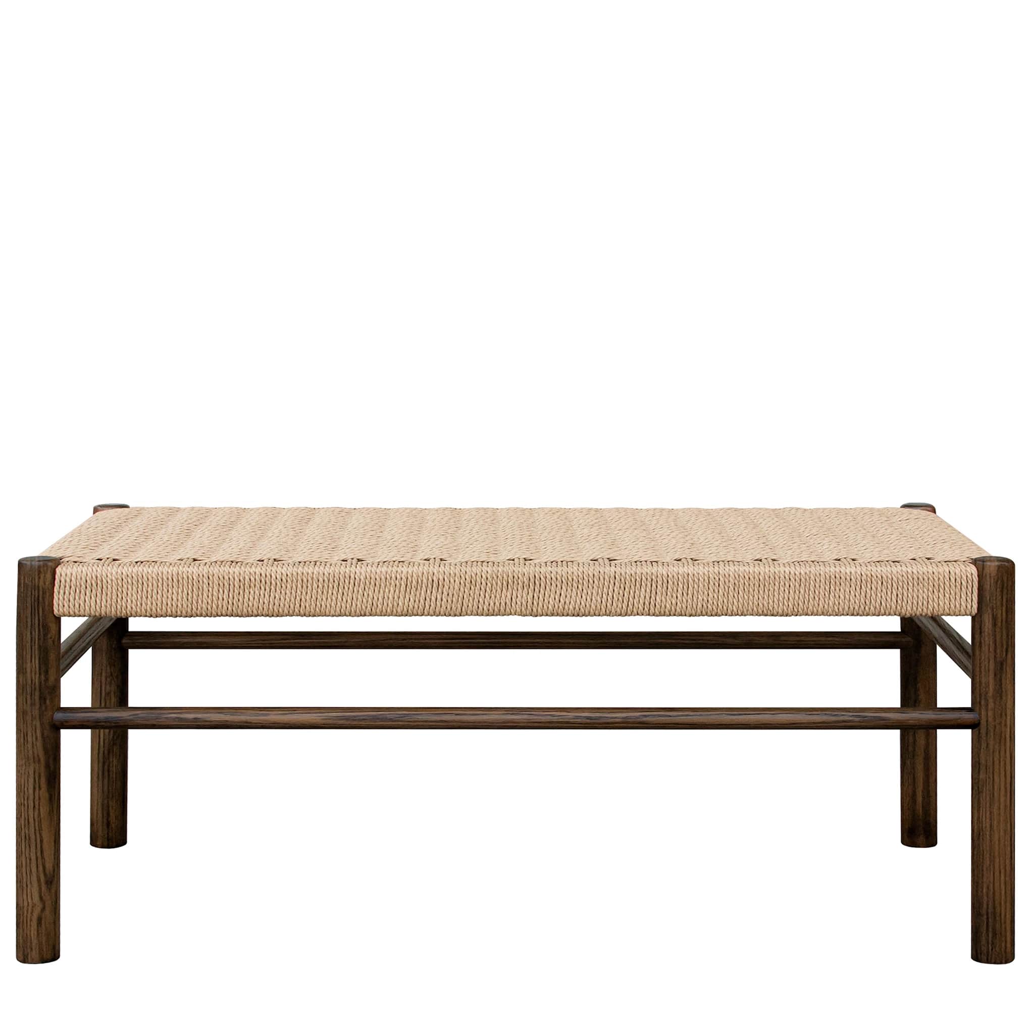 A minimalist bench featuring a dark stained wooden frame and a tightly woven natural fiber seat. — 3D model