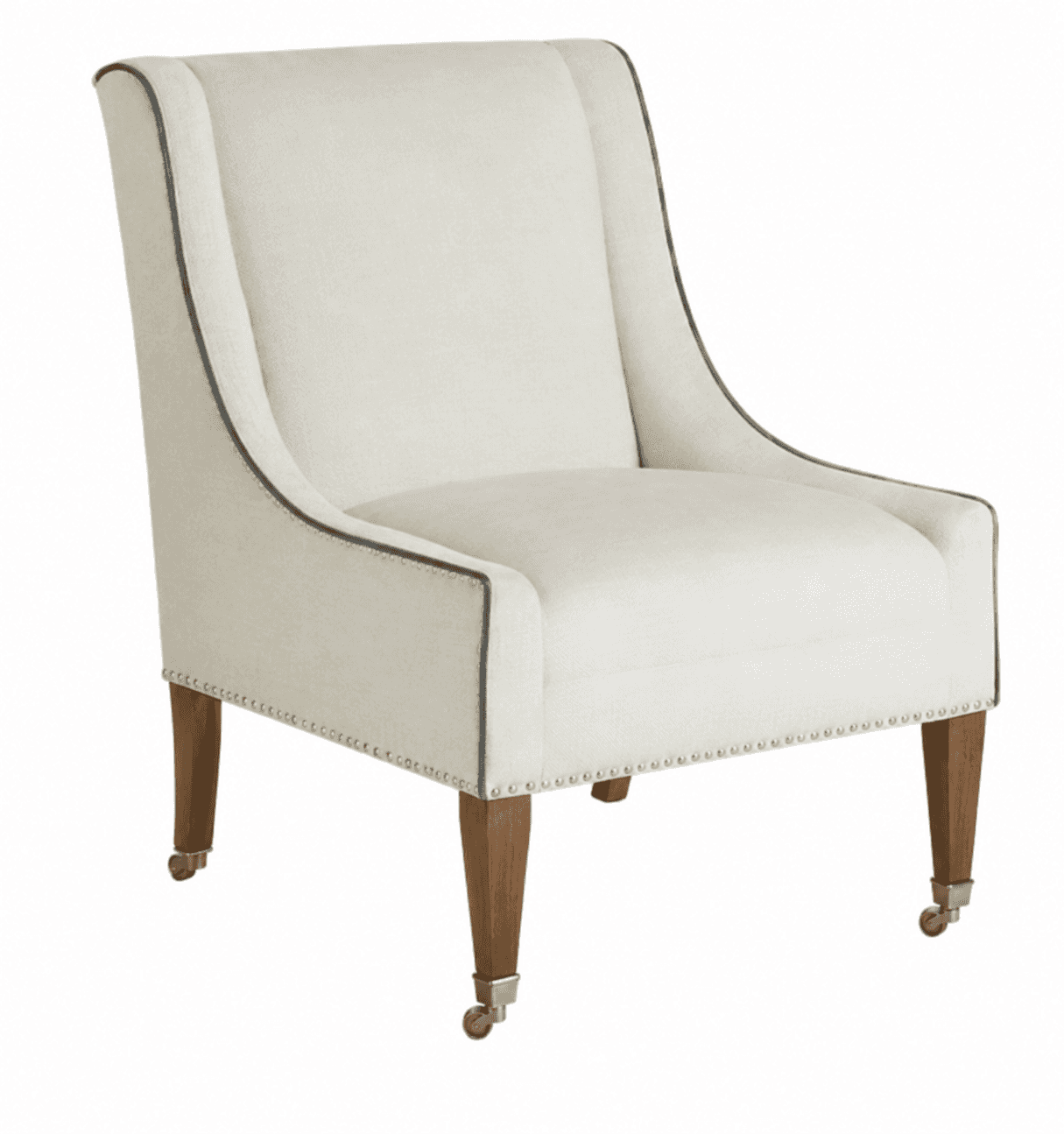 An upholstered armchair featuring a light-colored fabric, dark piping details, and decorative nailhe… — 3D model