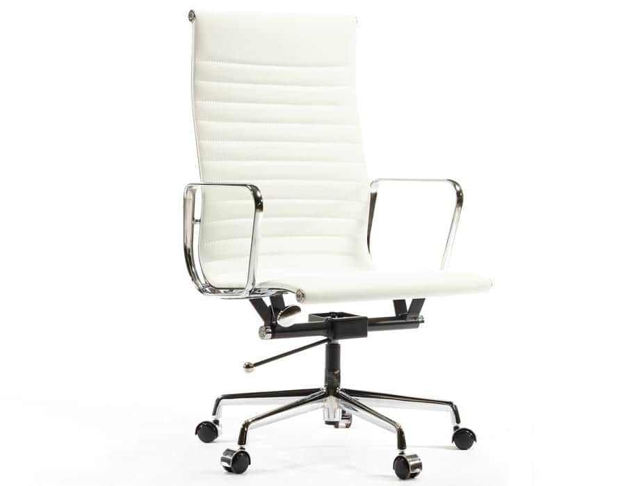 A high-back office chair featuring horizontally ribbed white upholstery on both the seat and backres… — 3D model