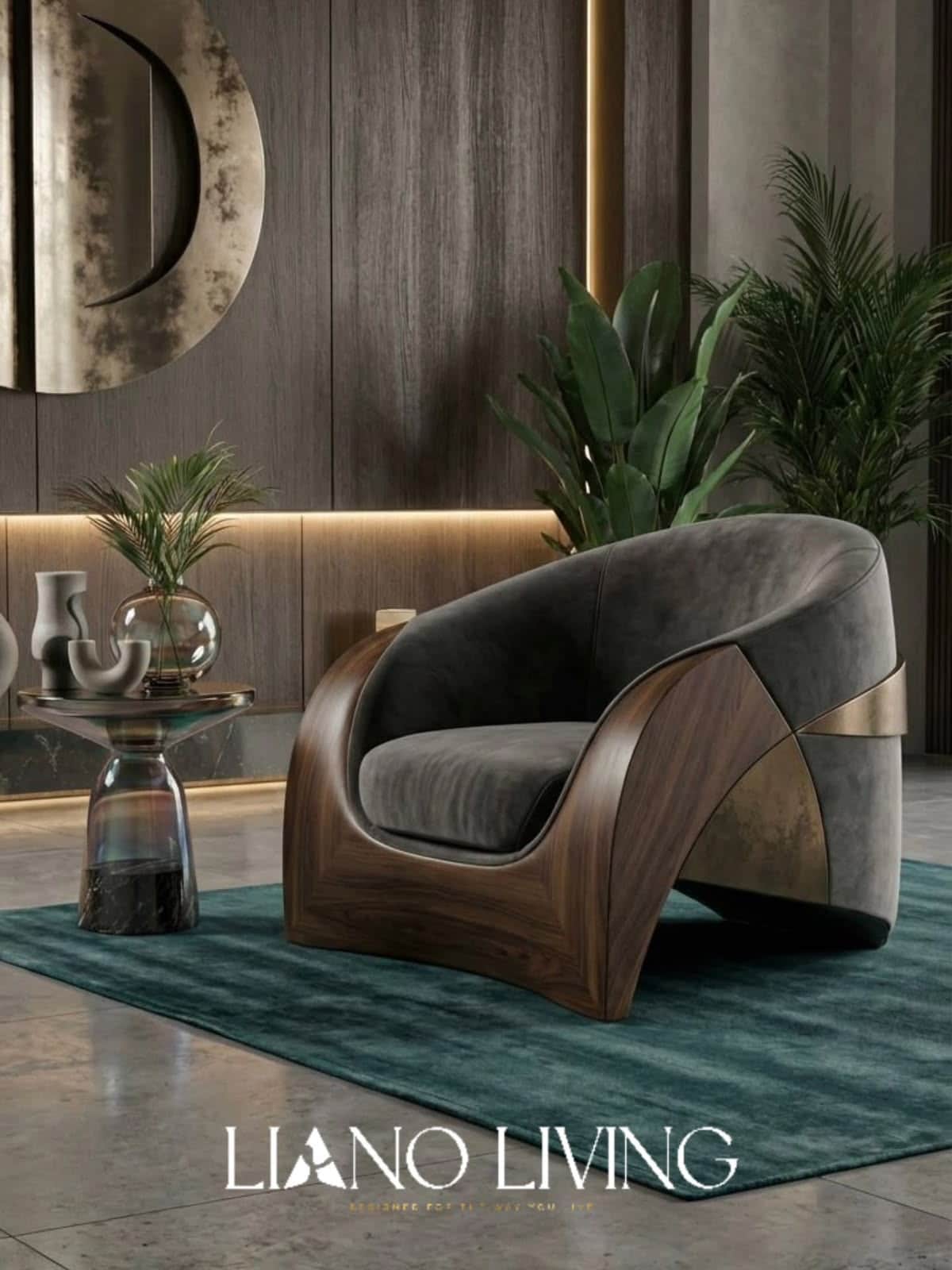 A contemporary barrel lounge chair featuring a distinctive curved wooden and metallic frame with dar… — 3D model