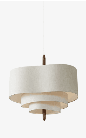 A multi-tiered chandelier with a series of fabric shades suspended from a central wooden rod and cor… — 3D model