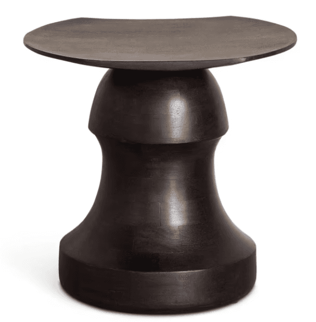 A dark wooden stool with a curved, slightly concave top. The base is bulbous, tapering outwards towa… — 3D model