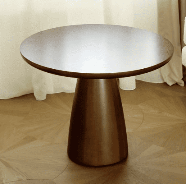 A modern round side table featuring a dark brown wood finish and a distinctive tapered pedestal base… — 3D model