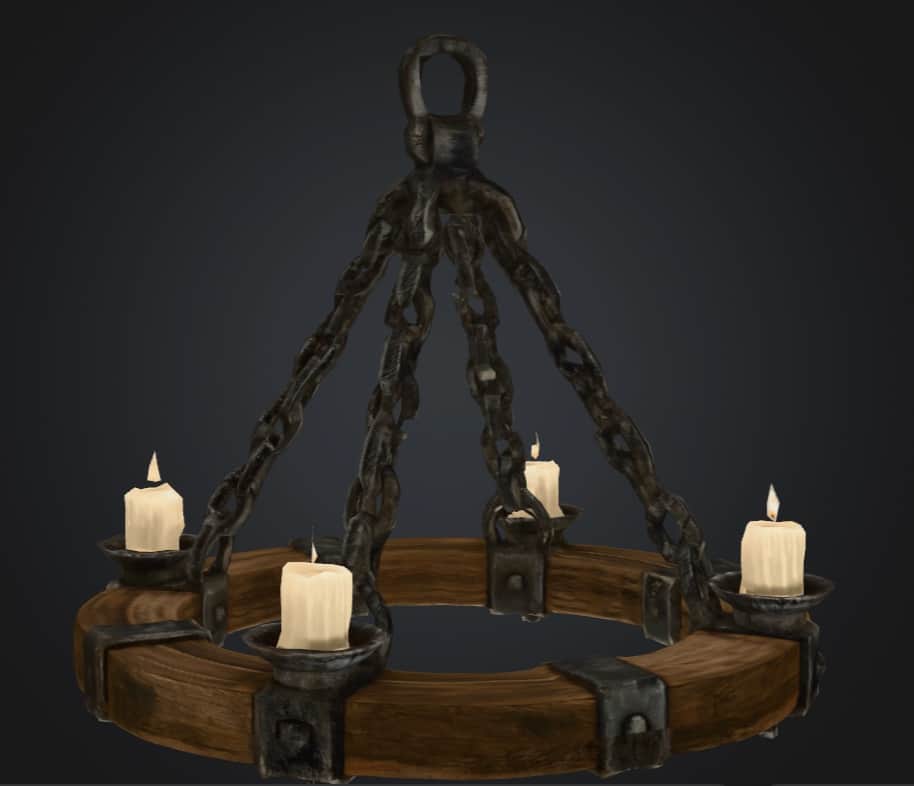 A rustic chandelier designed to resemble a medieval or gothic style. It features a circular wooden b… — 3D model